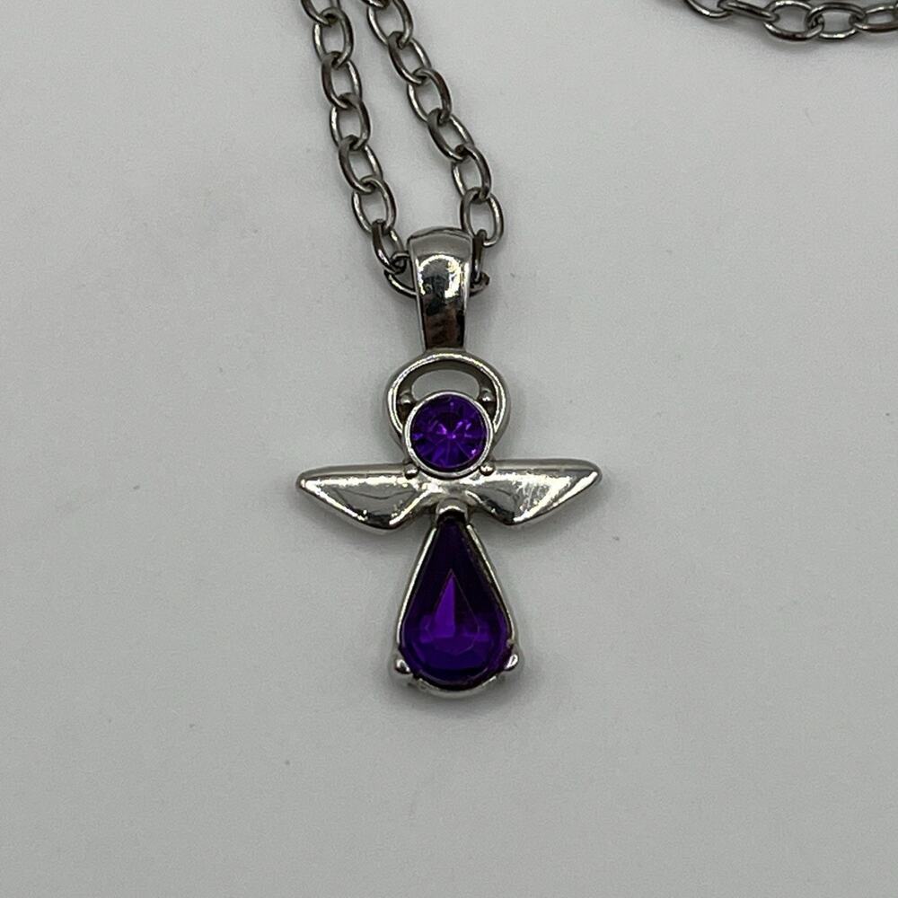 Purple Rhinestone Angel Pendant Necklace Silver Tone Guardian Faith Celestial